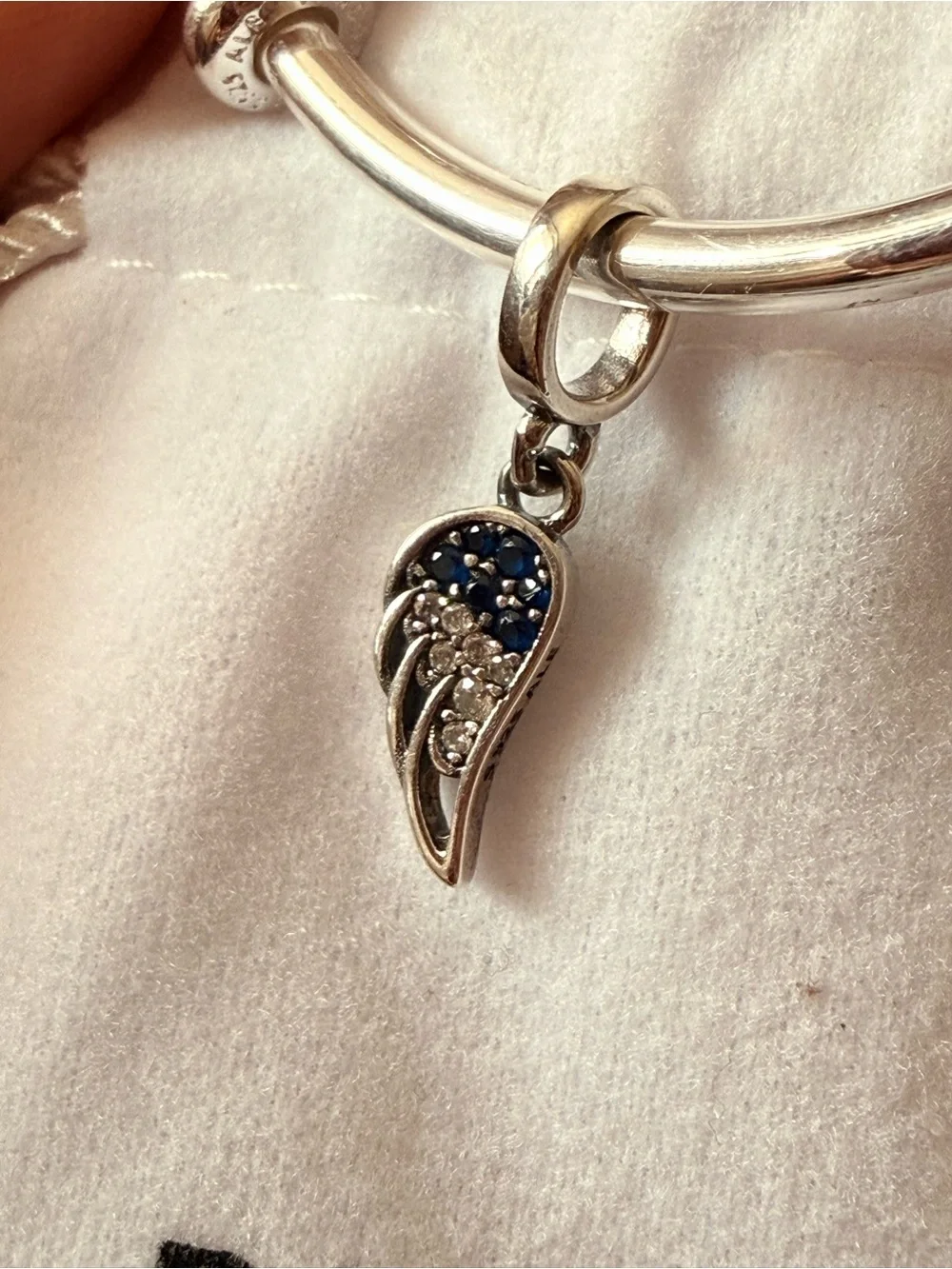 Pandora Silver Angel Wing Charm with Blue and Clear Stones